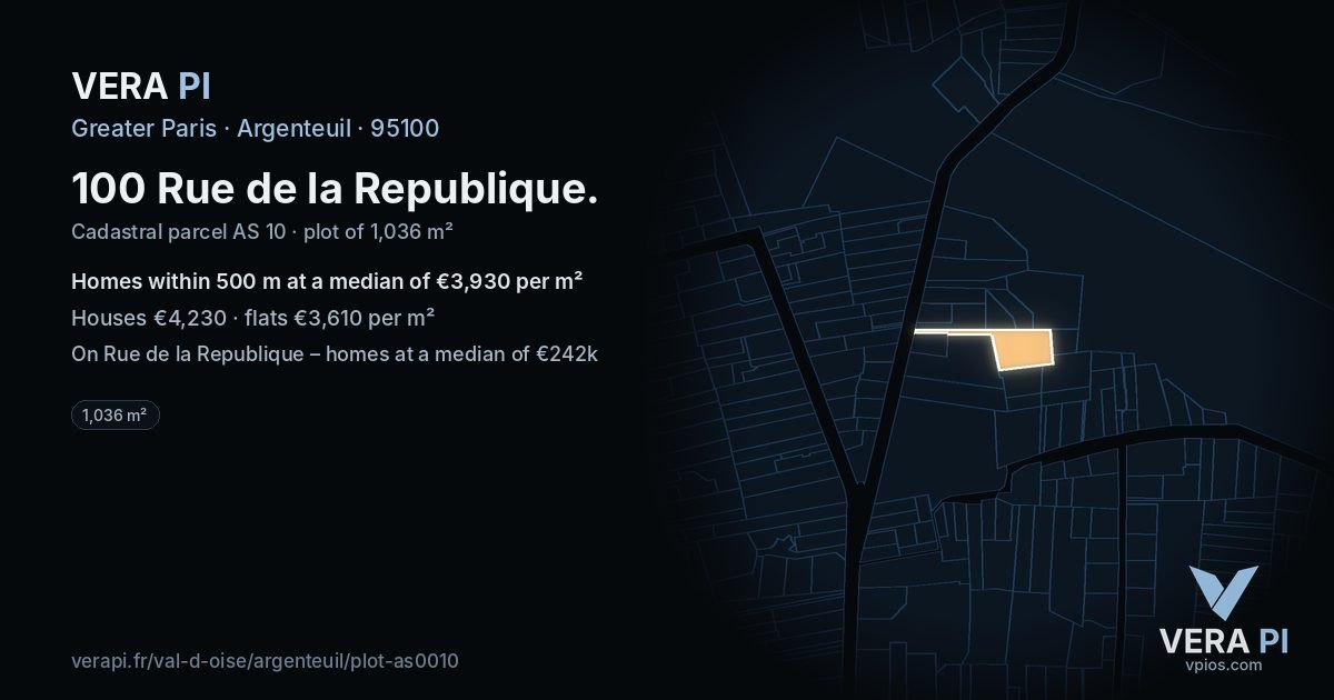 100 Rue de la Republique, Argenteuil at night – the plot lit, the parcels around coloured by the prices near them