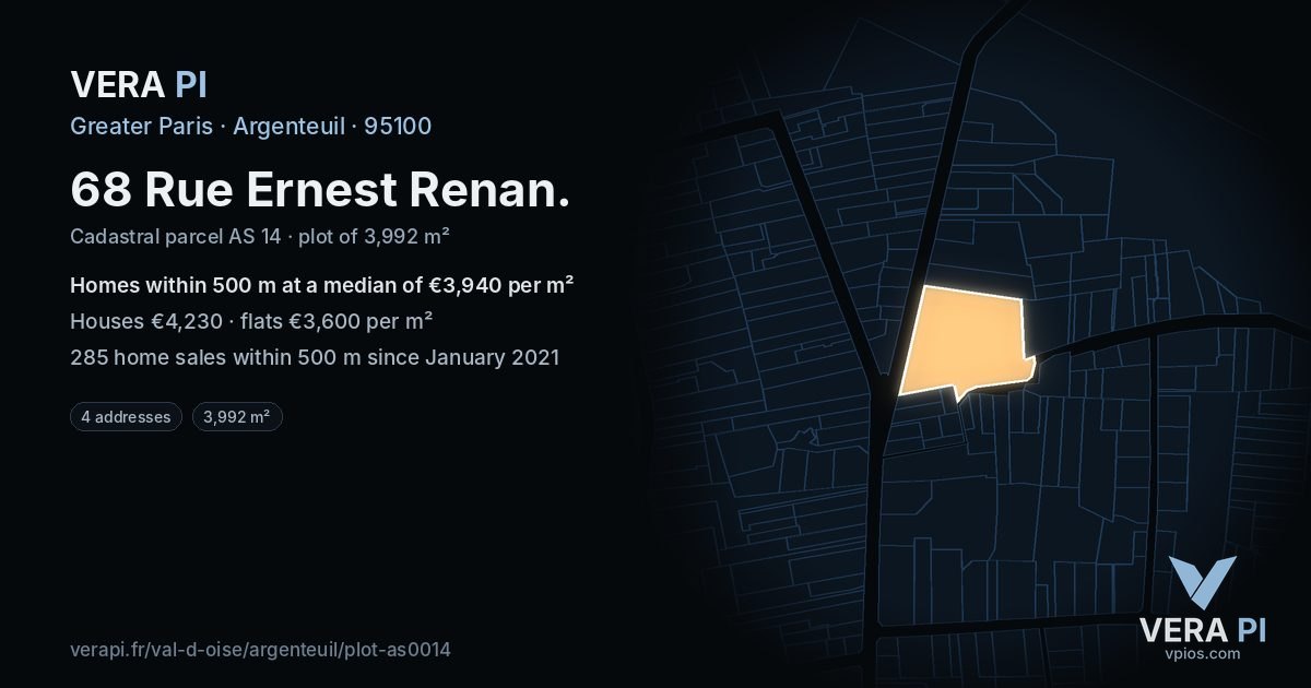 68 Rue Ernest Renan, Argenteuil at night – the plot lit, the parcels around coloured by the prices near them