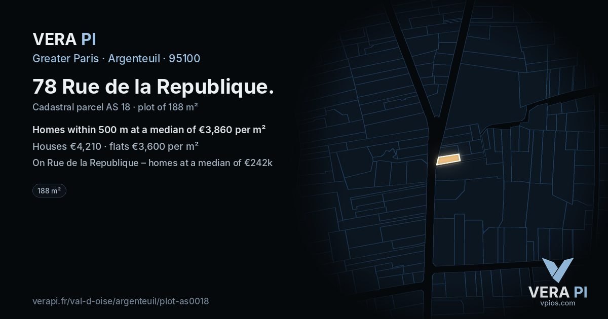 78 Rue de la Republique, Argenteuil at night – the plot lit, the parcels around coloured by the prices near them