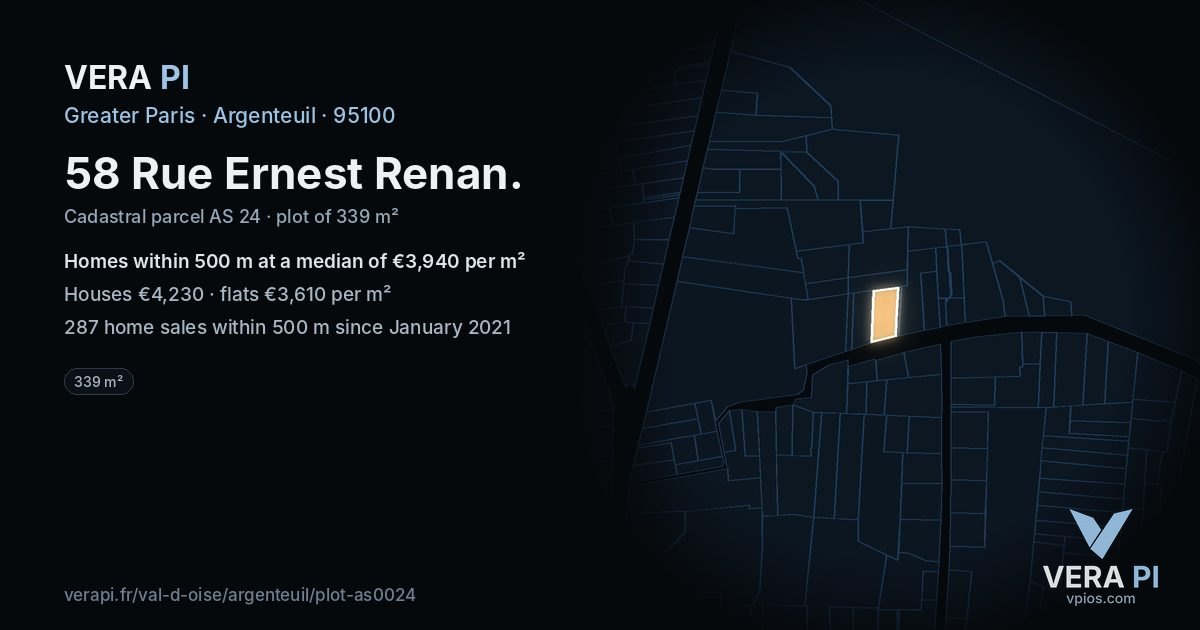 58 Rue Ernest Renan, Argenteuil at night – the plot lit, the parcels around coloured by the prices near them