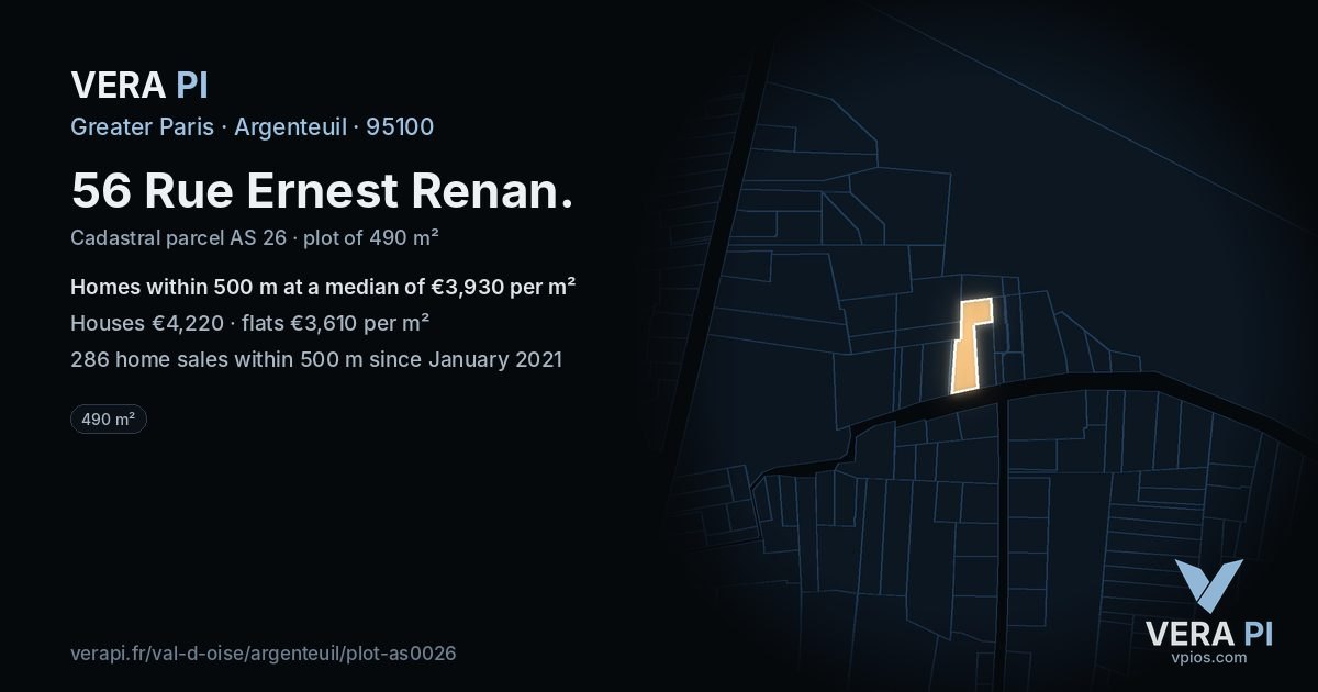 56 Rue Ernest Renan, Argenteuil at night – the plot lit, the parcels around coloured by the prices near them