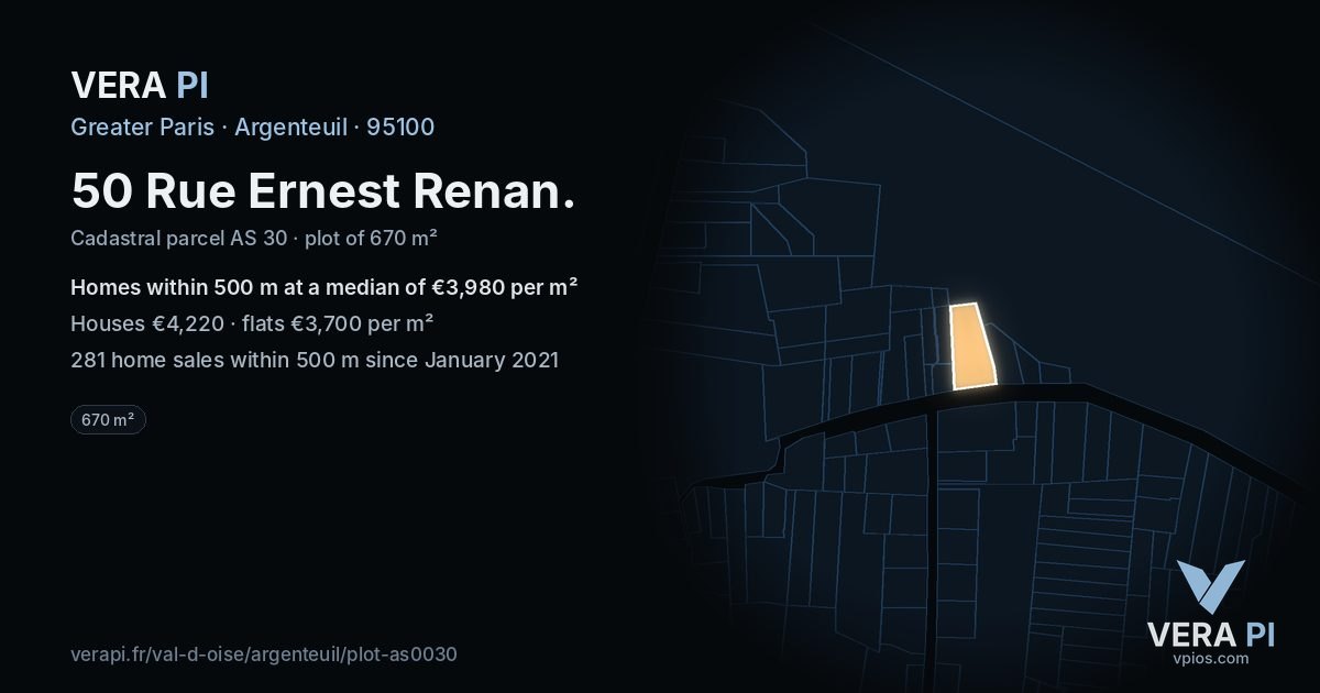 50 Rue Ernest Renan, Argenteuil at night – the plot lit, the parcels around coloured by the prices near them