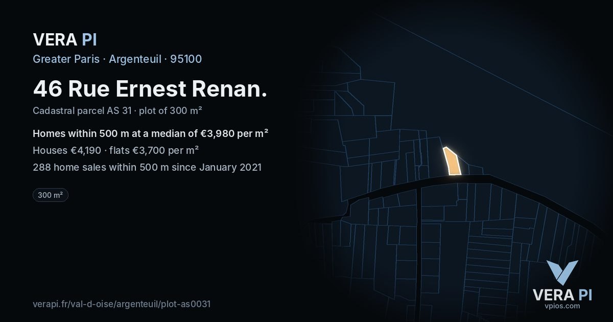46 Rue Ernest Renan, Argenteuil at night – the plot lit, the parcels around coloured by the prices near them