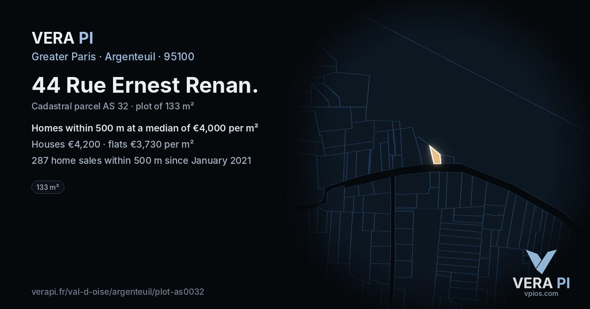 44 Rue Ernest Renan, Argenteuil at night – the plot lit, the parcels around coloured by the prices near them