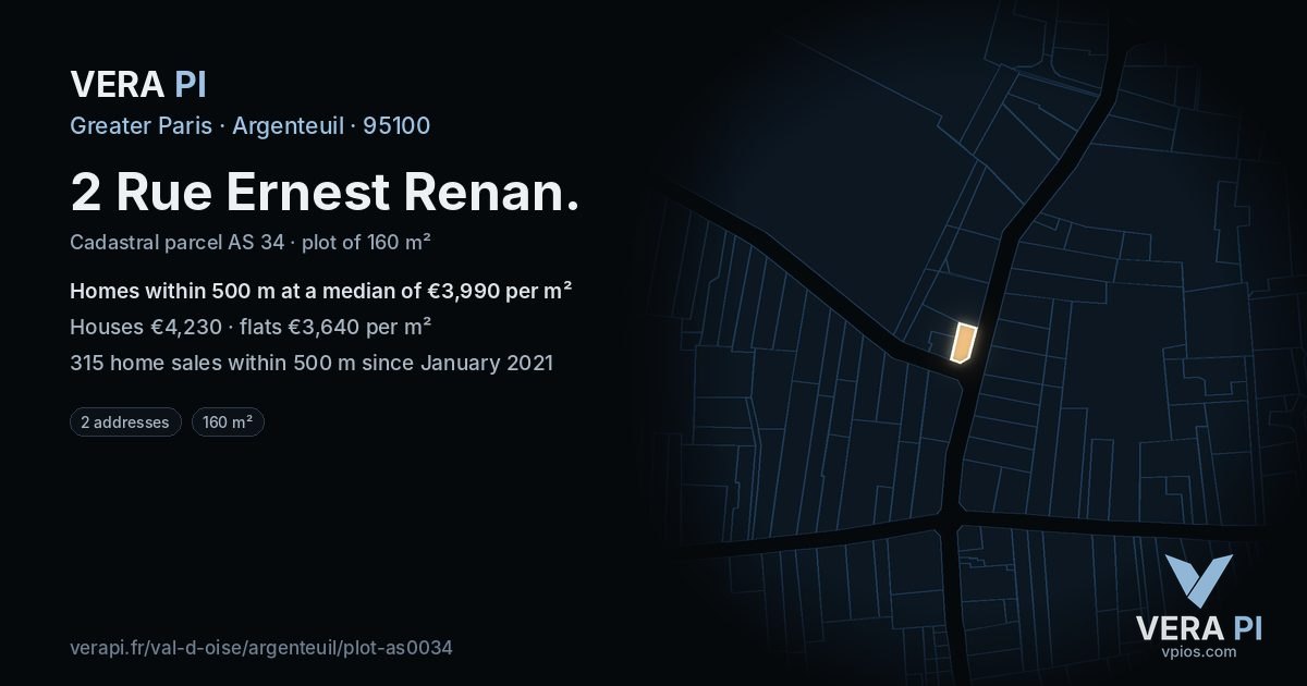 2 Rue Ernest Renan, Argenteuil at night – the plot lit, the parcels around coloured by the prices near them