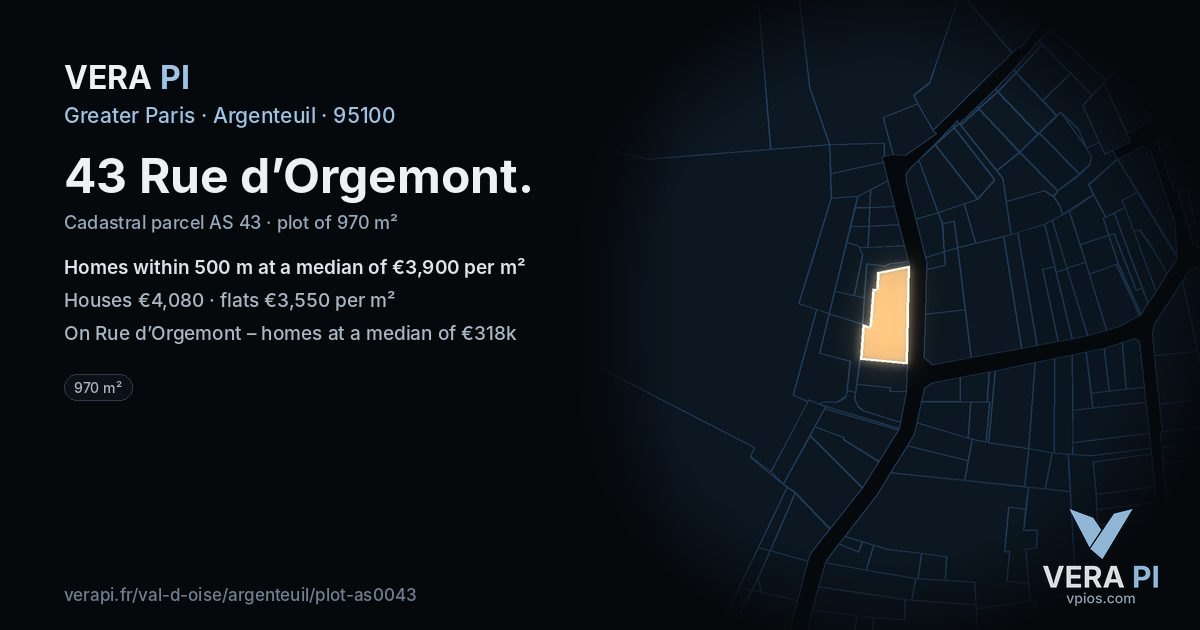 43 Rue d’Orgemont, Argenteuil at night – the plot lit, the parcels around coloured by the prices near them