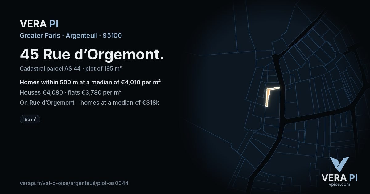 45 Rue d’Orgemont, Argenteuil at night – the plot lit, the parcels around coloured by the prices near them