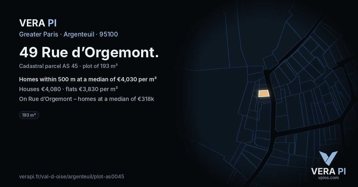 49 Rue d’Orgemont, Argenteuil at night – the plot lit, the parcels around coloured by the prices near them
