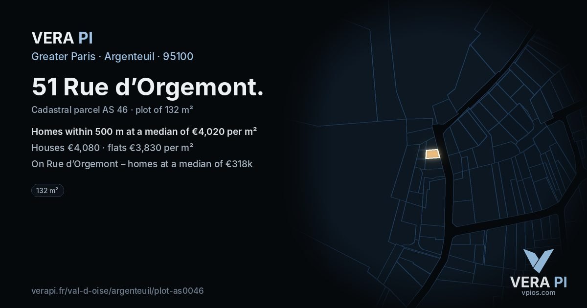51 Rue d’Orgemont, Argenteuil at night – the plot lit, the parcels around coloured by the prices near them