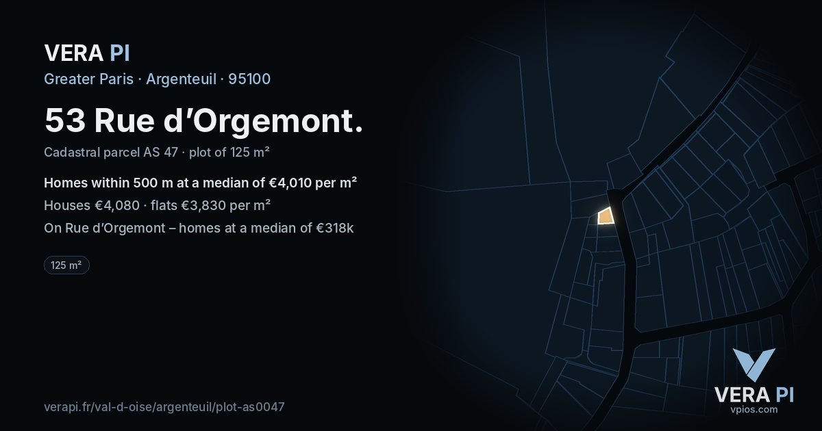 53 Rue d’Orgemont, Argenteuil at night – the plot lit, the parcels around coloured by the prices near them