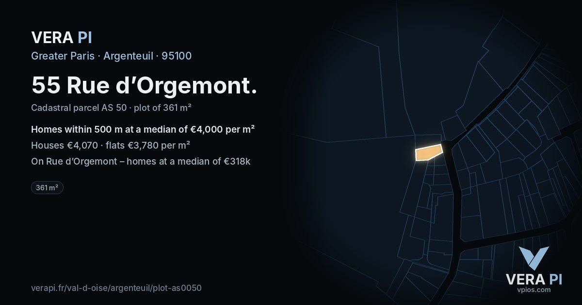 55 Rue d’Orgemont, Argenteuil at night – the plot lit, the parcels around coloured by the prices near them