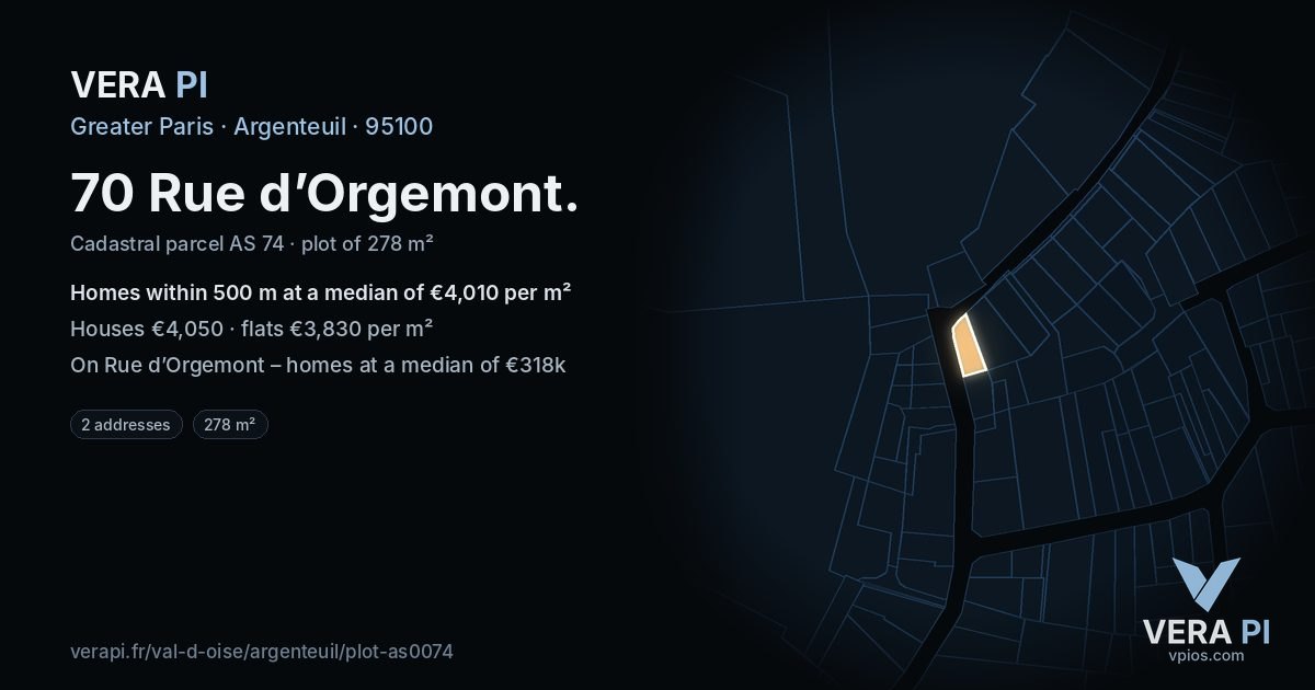 70 Rue d’Orgemont, Argenteuil at night – the plot lit, the parcels around coloured by the prices near them