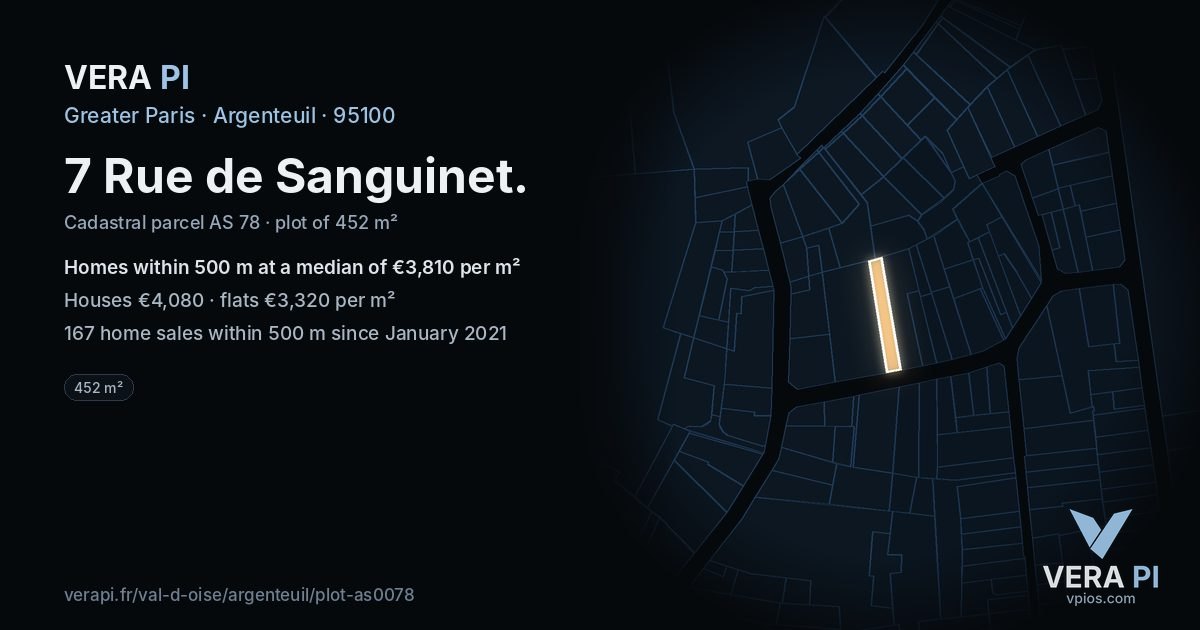 7 Rue de Sanguinet, Argenteuil at night – the plot lit, the parcels around coloured by the prices near them