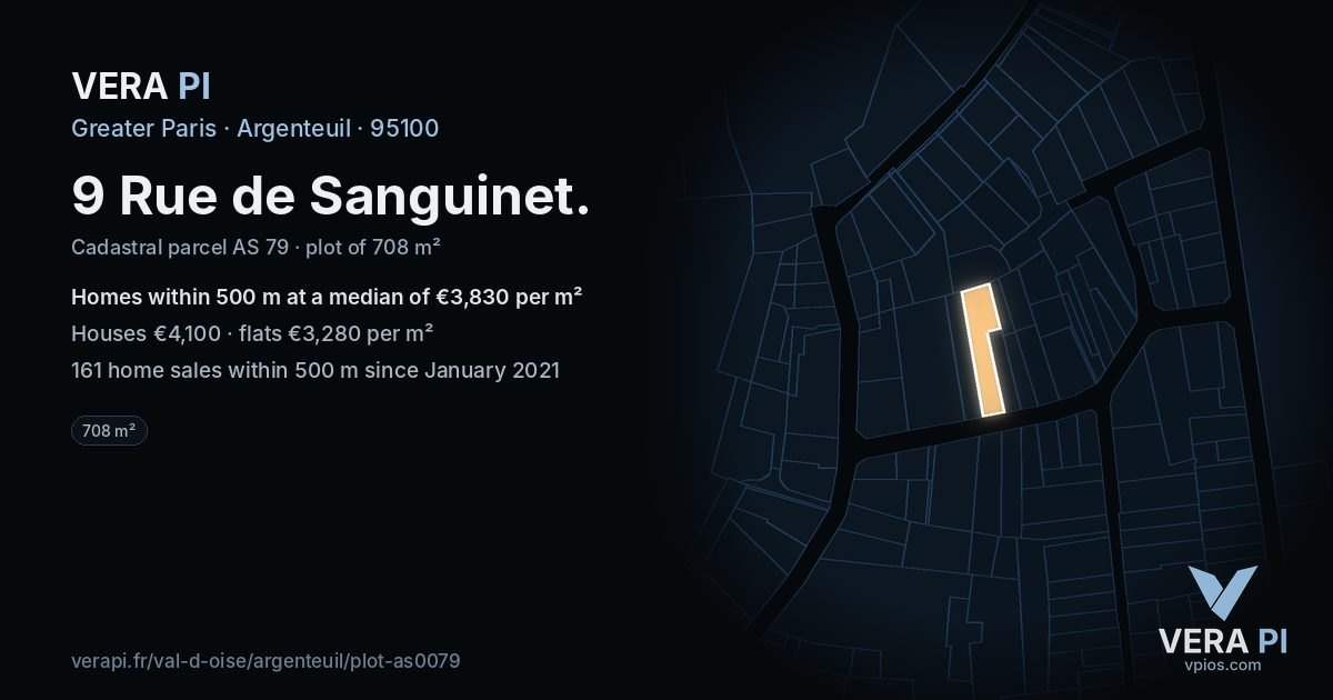 9 Rue de Sanguinet, Argenteuil at night – the plot lit, the parcels around coloured by the prices near them