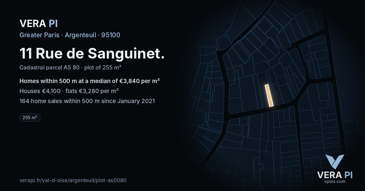 11 Rue de Sanguinet, Argenteuil at night – the plot lit, the parcels around coloured by the prices near them