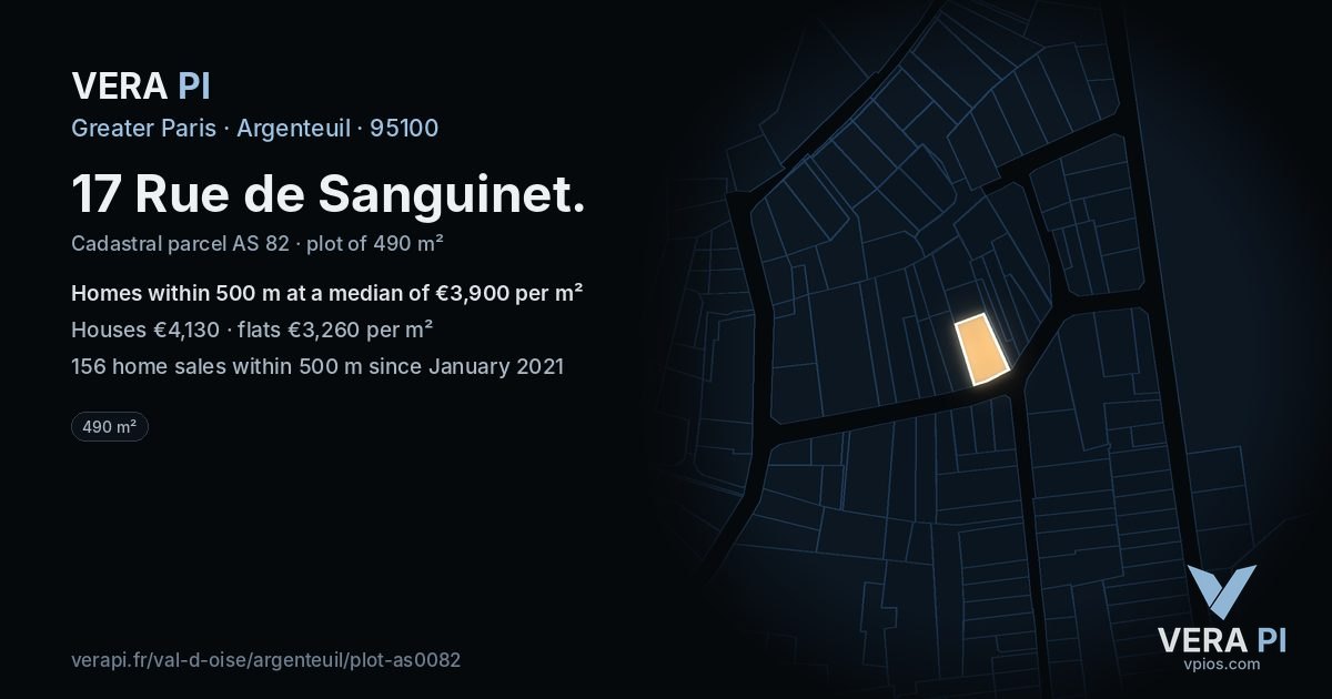 17 Rue de Sanguinet, Argenteuil at night – the plot lit, the parcels around coloured by the prices near them