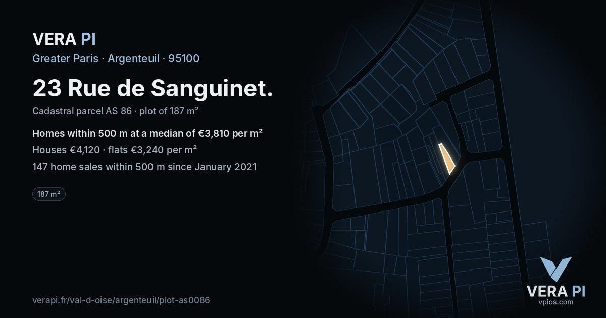 23 Rue de Sanguinet, Argenteuil at night – the plot lit, the parcels around coloured by the prices near them