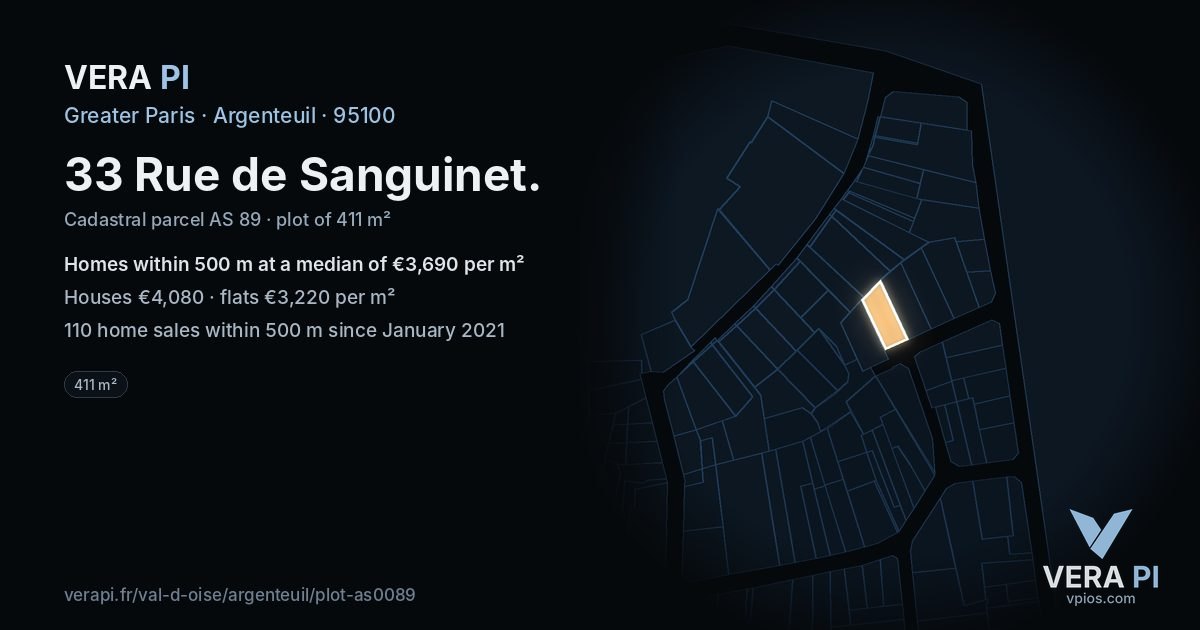 33 Rue de Sanguinet, Argenteuil at night – the plot lit, the parcels around coloured by the prices near them