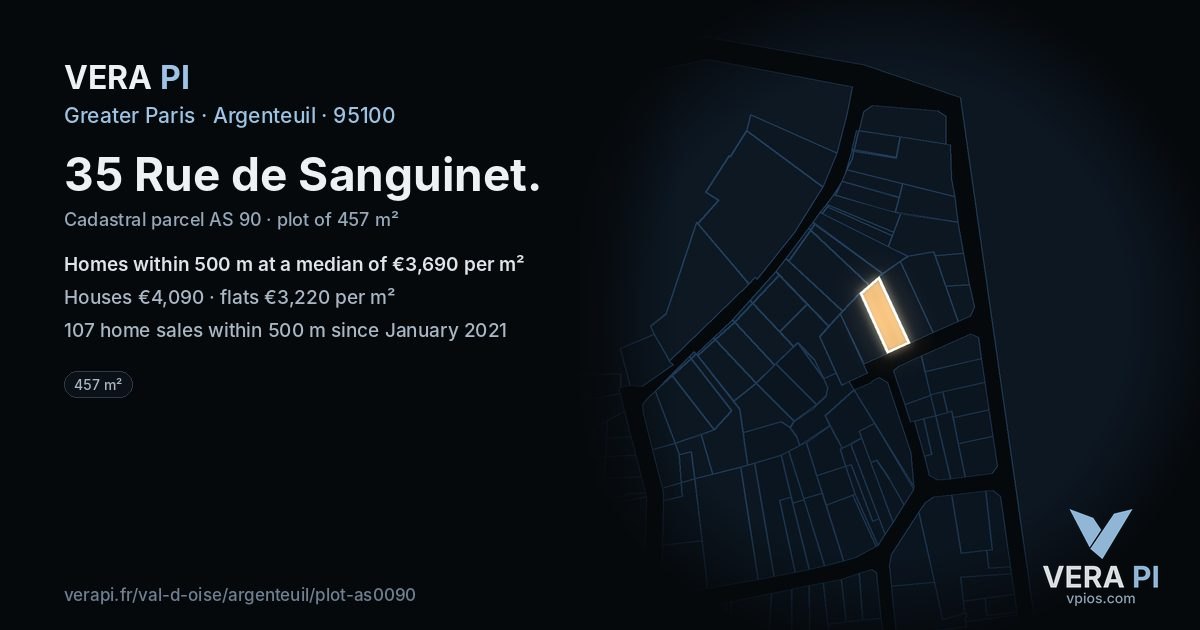 35 Rue de Sanguinet, Argenteuil at night – the plot lit, the parcels around coloured by the prices near them