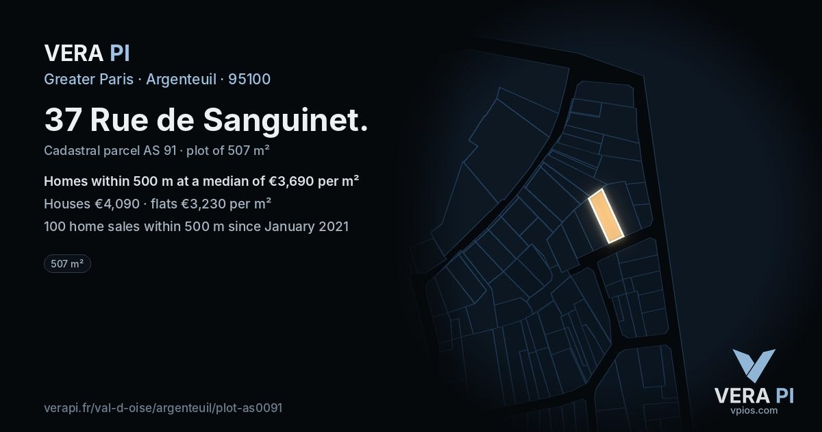 37 Rue de Sanguinet, Argenteuil at night – the plot lit, the parcels around coloured by the prices near them