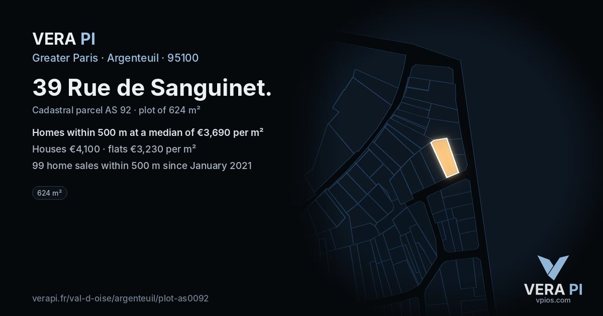 39 Rue de Sanguinet, Argenteuil at night – the plot lit, the parcels around coloured by the prices near them