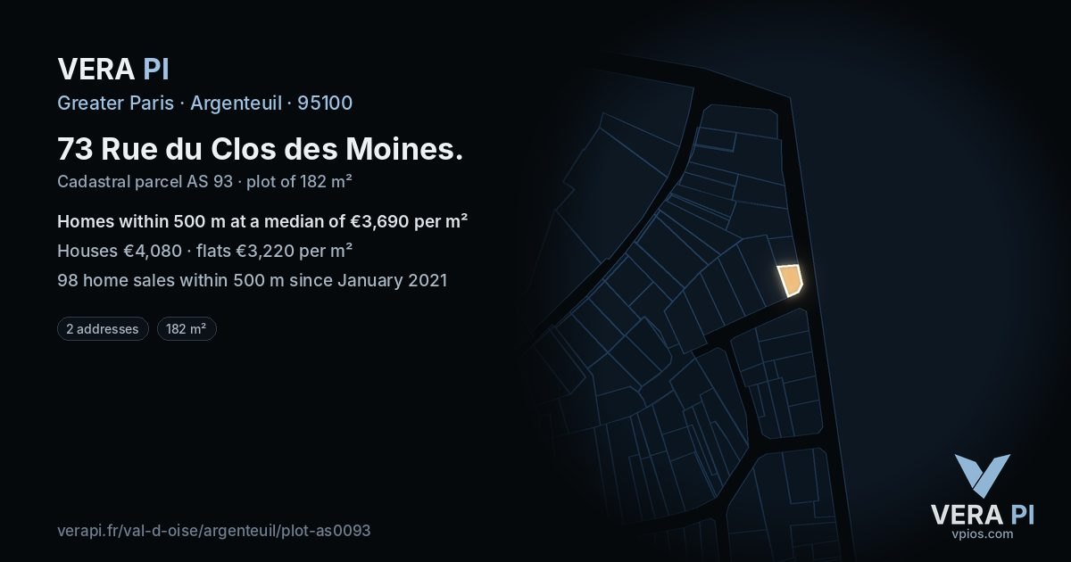 73 Rue du Clos des Moines, Argenteuil at night – the plot lit, the parcels around coloured by the prices near them