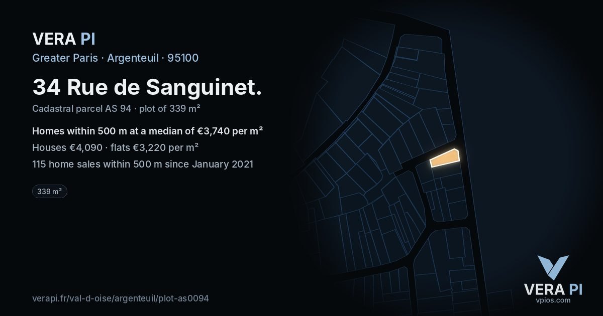 34 Rue de Sanguinet, Argenteuil at night – the plot lit, the parcels around coloured by the prices near them