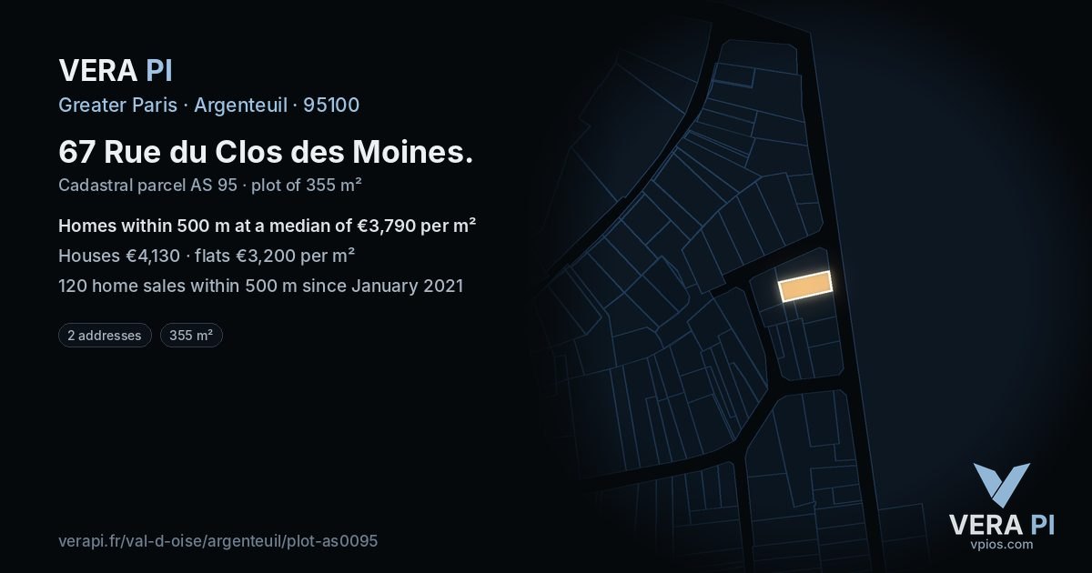 67 Rue du Clos des Moines, Argenteuil at night – the plot lit, the parcels around coloured by the prices near them