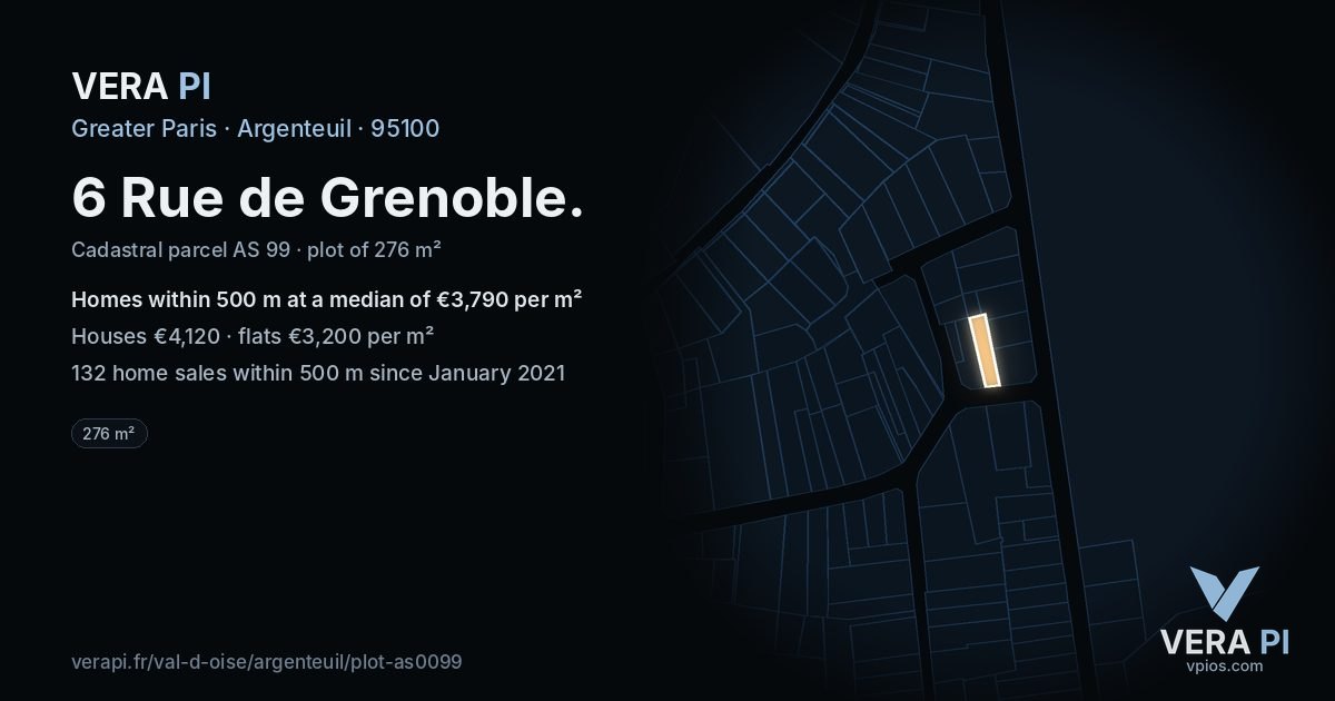 6 Rue de Grenoble, Argenteuil at night – the plot lit, the parcels around coloured by the prices near them