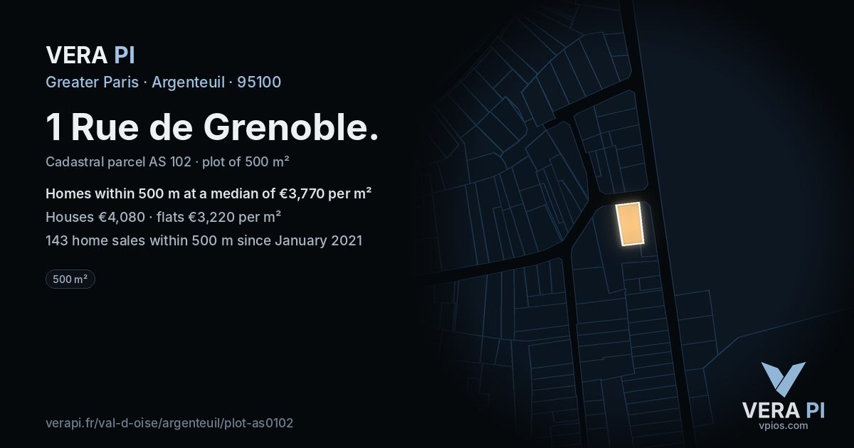 1 Rue de Grenoble, Argenteuil at night – the plot lit, the parcels around coloured by the prices near them