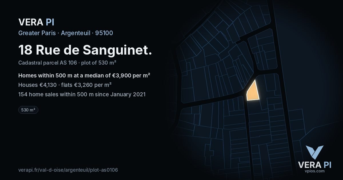 18 Rue de Sanguinet, Argenteuil at night – the plot lit, the parcels around coloured by the prices near them