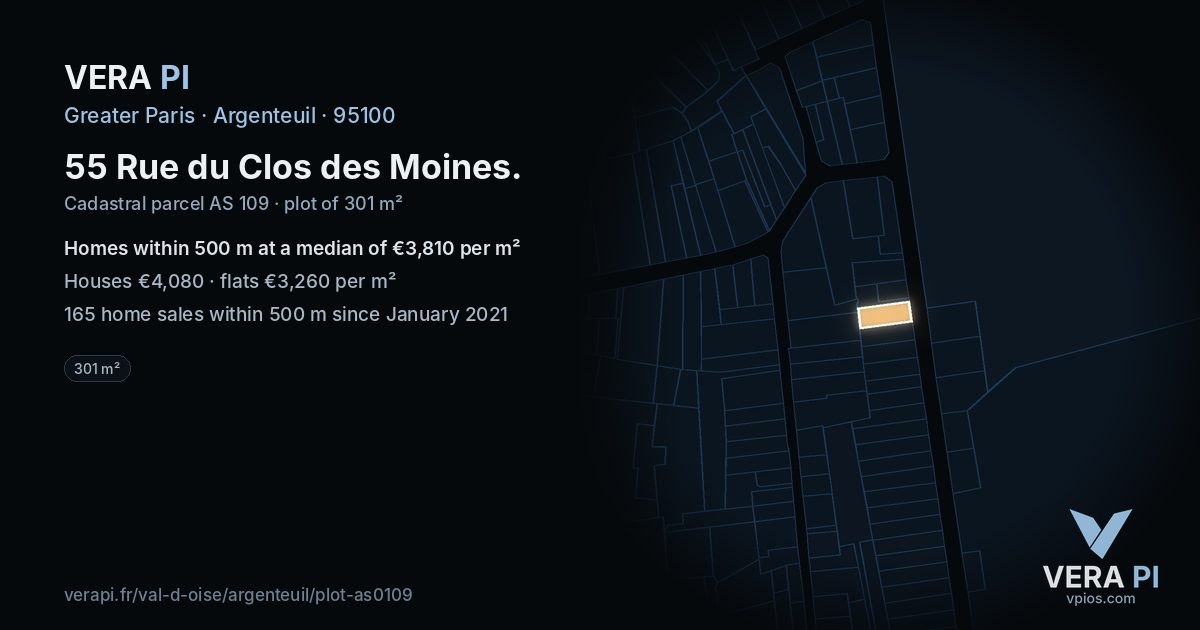 55 Rue du Clos des Moines, Argenteuil at night – the plot lit, the parcels around coloured by the prices near them