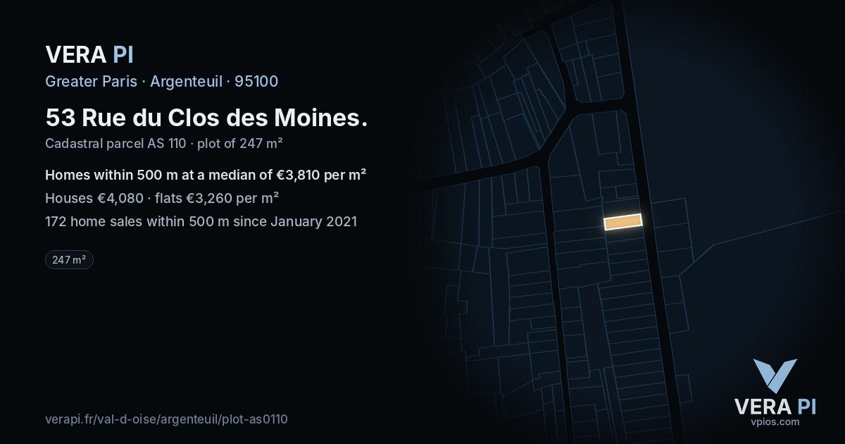 53 Rue du Clos des Moines, Argenteuil at night – the plot lit, the parcels around coloured by the prices near them