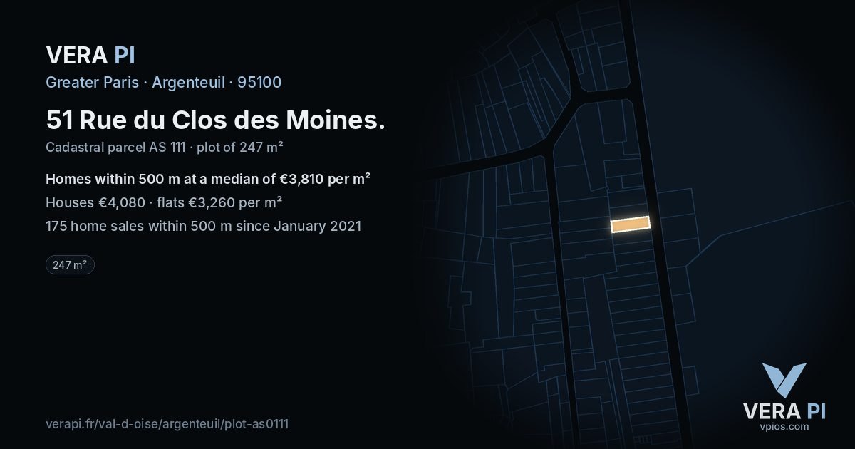 51 Rue du Clos des Moines, Argenteuil at night – the plot lit, the parcels around coloured by the prices near them