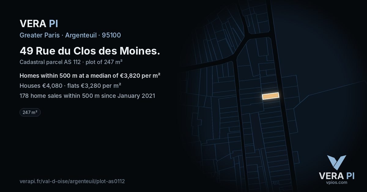 49 Rue du Clos des Moines, Argenteuil at night – the plot lit, the parcels around coloured by the prices near them