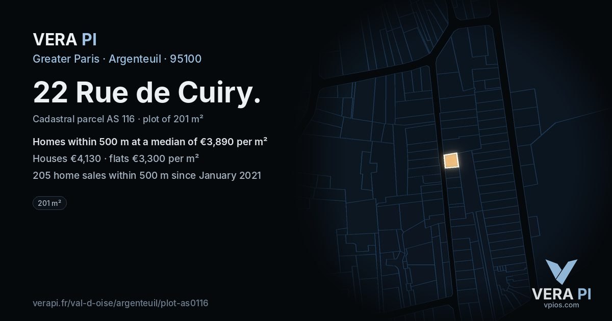 22 Rue de Cuiry, Argenteuil at night – the plot lit, the parcels around coloured by the prices near them