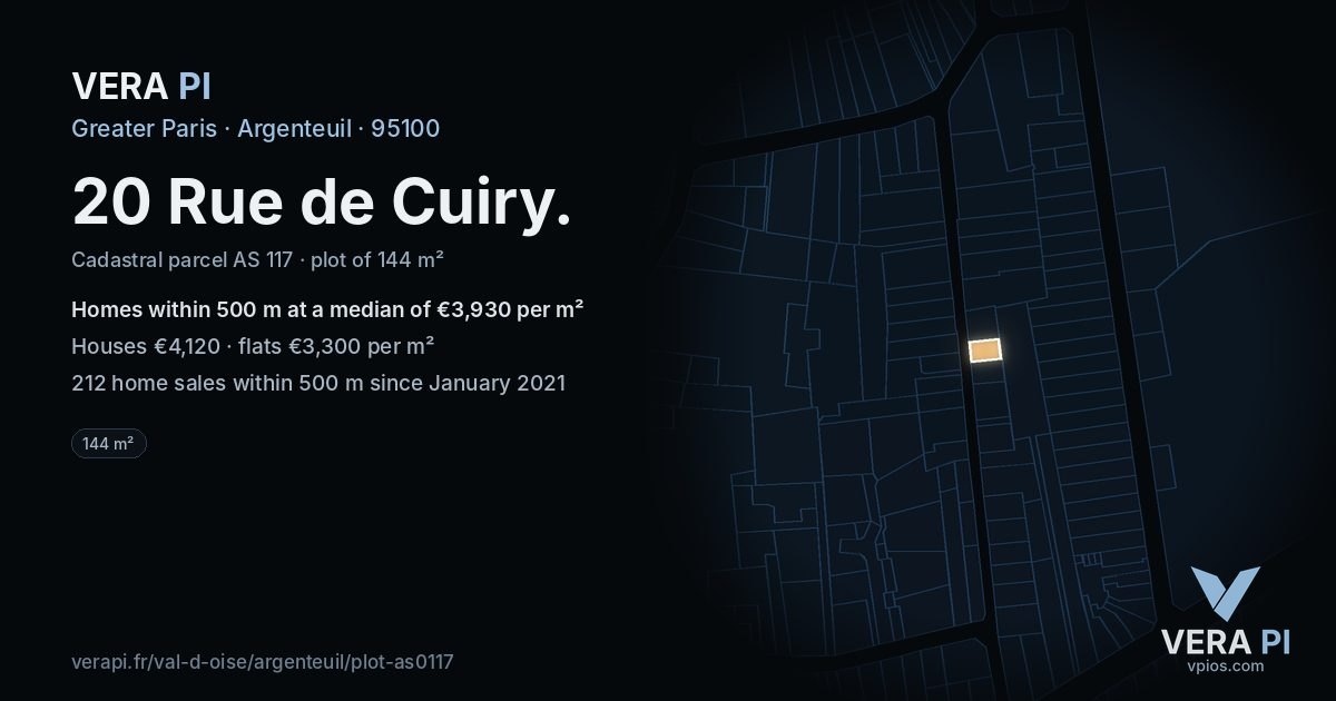 20 Rue de Cuiry, Argenteuil at night – the plot lit, the parcels around coloured by the prices near them