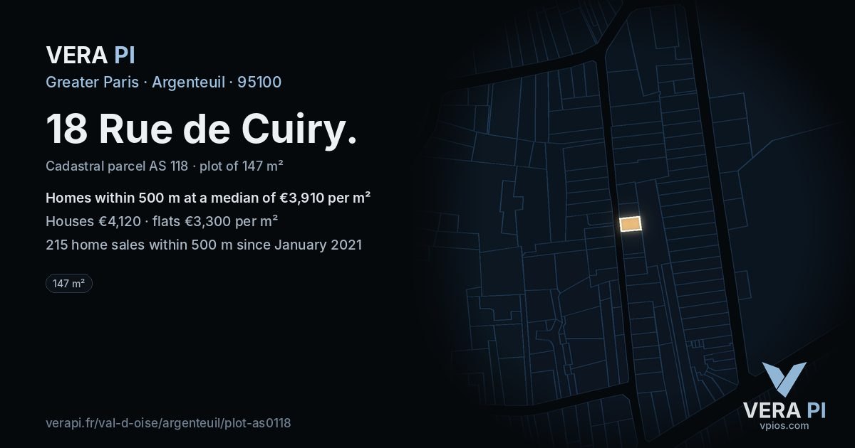 18 Rue de Cuiry, Argenteuil at night – the plot lit, the parcels around coloured by the prices near them