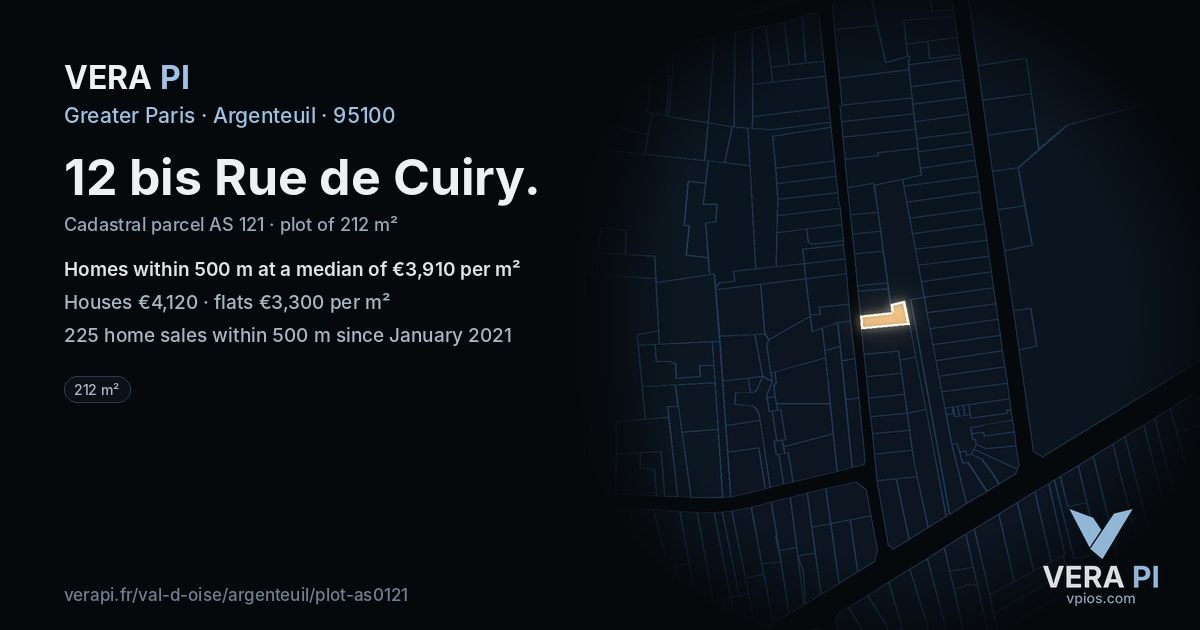 12 bis Rue de Cuiry, Argenteuil at night – the plot lit, the parcels around coloured by the prices near them