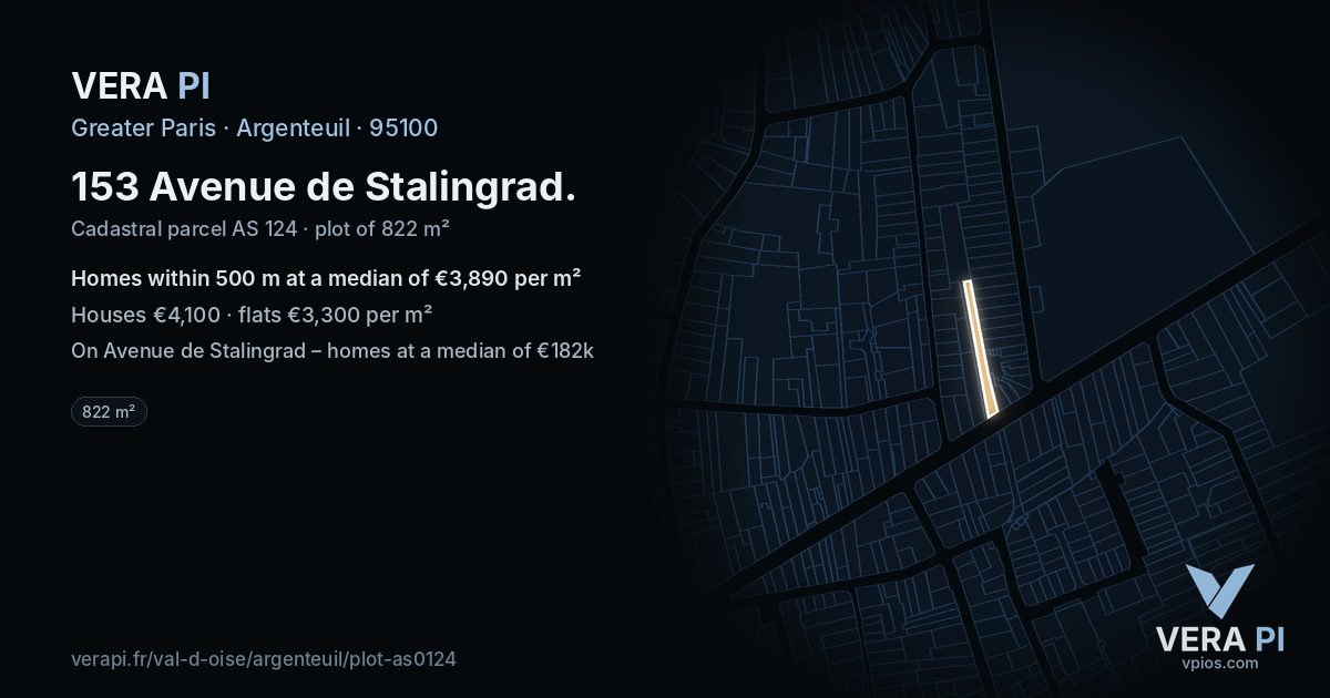 153 Avenue de Stalingrad, Argenteuil at night – the plot lit, the parcels around coloured by the prices near them