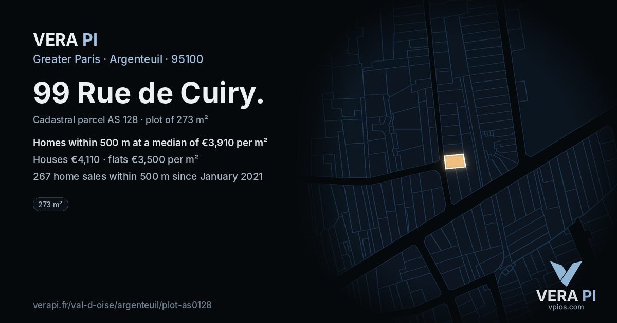 99 Rue de Cuiry, Argenteuil at night – the plot lit, the parcels around coloured by the prices near them