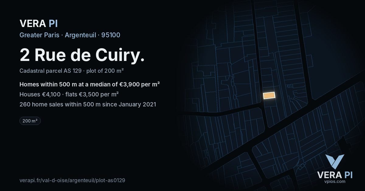 2 Rue de Cuiry, Argenteuil at night – the plot lit, the parcels around coloured by the prices near them