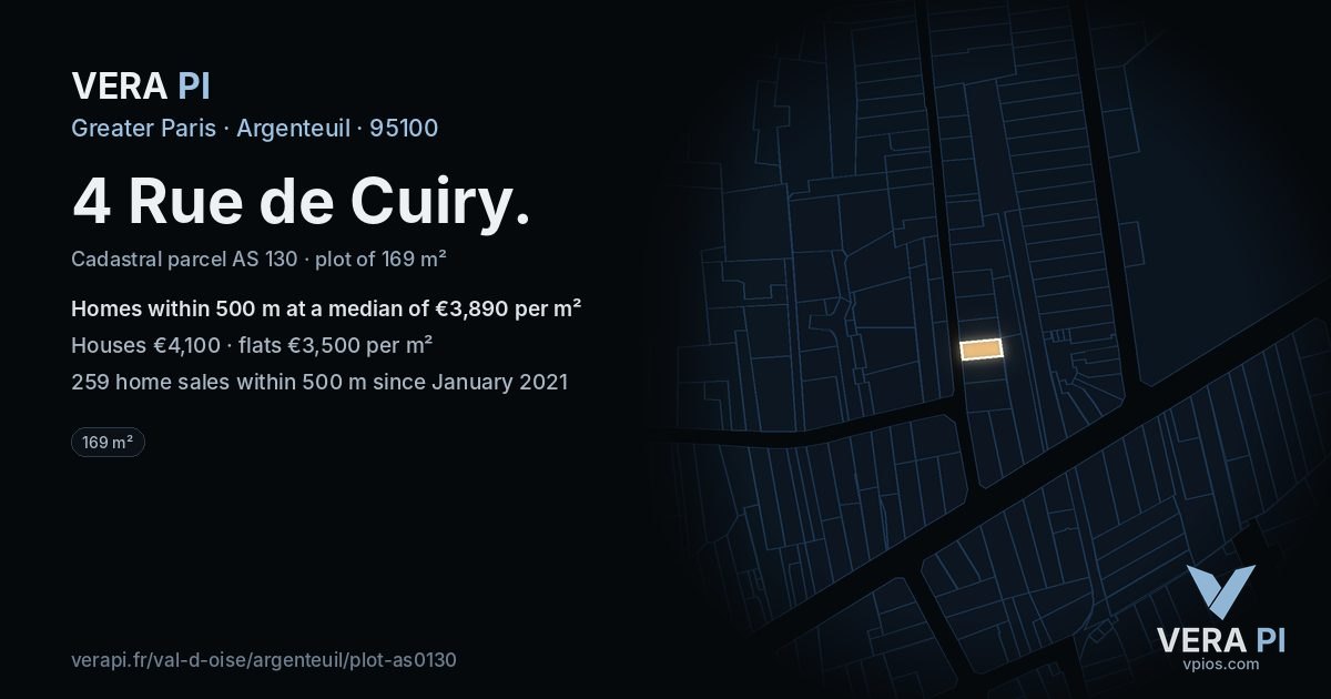 4 Rue de Cuiry, Argenteuil at night – the plot lit, the parcels around coloured by the prices near them
