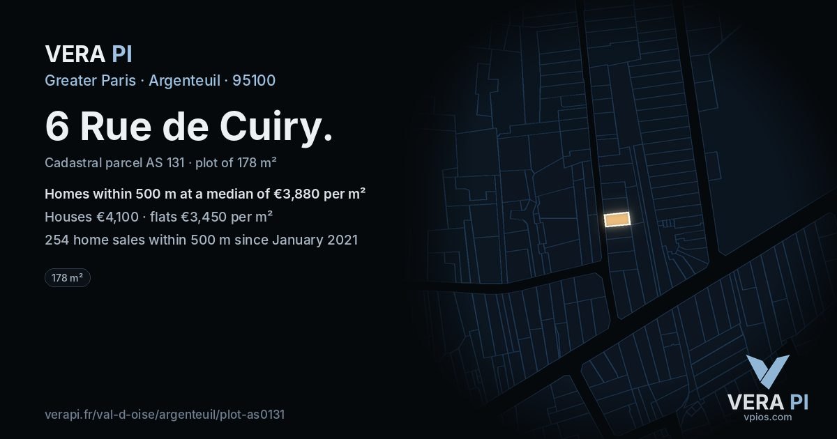 6 Rue de Cuiry, Argenteuil at night – the plot lit, the parcels around coloured by the prices near them