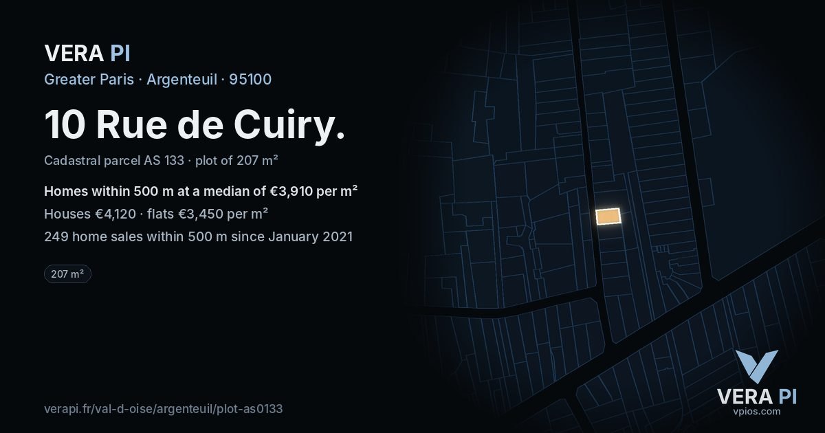 10 Rue de Cuiry, Argenteuil at night – the plot lit, the parcels around coloured by the prices near them