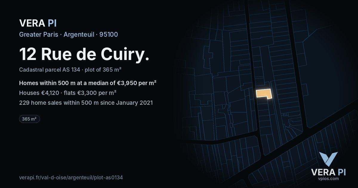 12 Rue de Cuiry, Argenteuil at night – the plot lit, the parcels around coloured by the prices near them