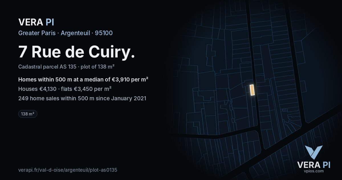 7 Rue de Cuiry, Argenteuil at night – the plot lit, the parcels around coloured by the prices near them