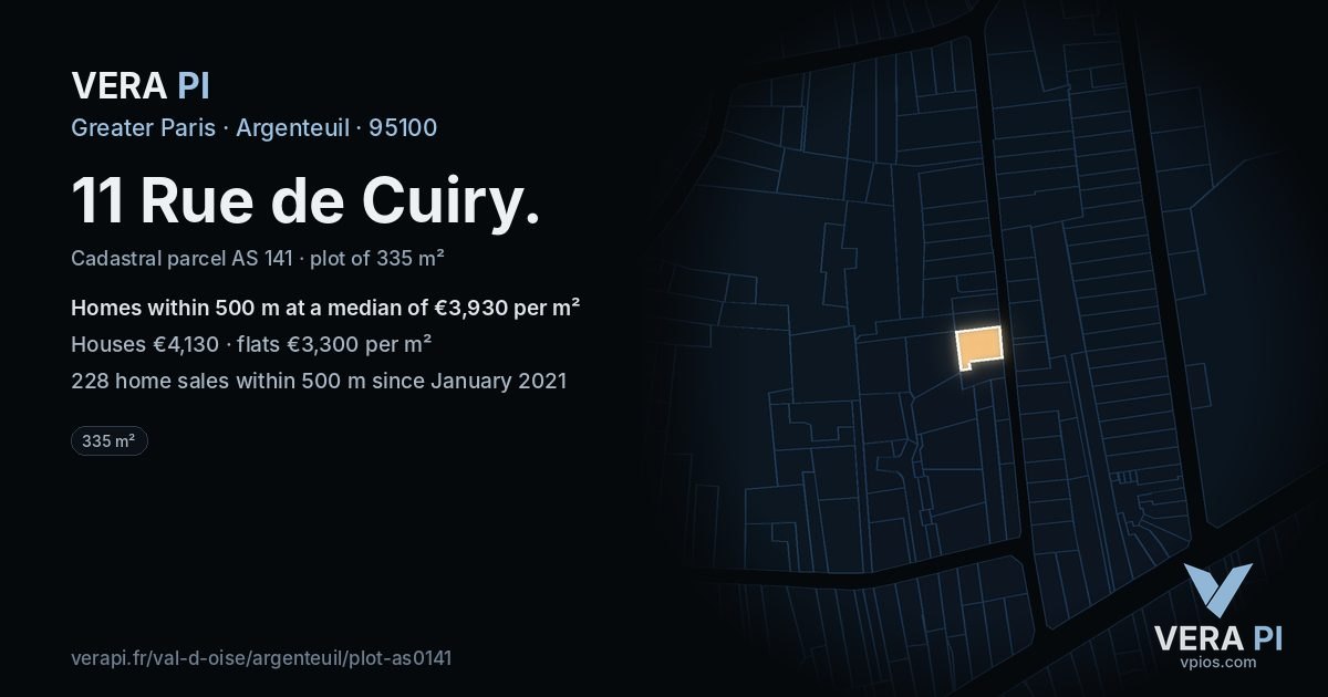 11 Rue de Cuiry, Argenteuil at night – the plot lit, the parcels around coloured by the prices near them