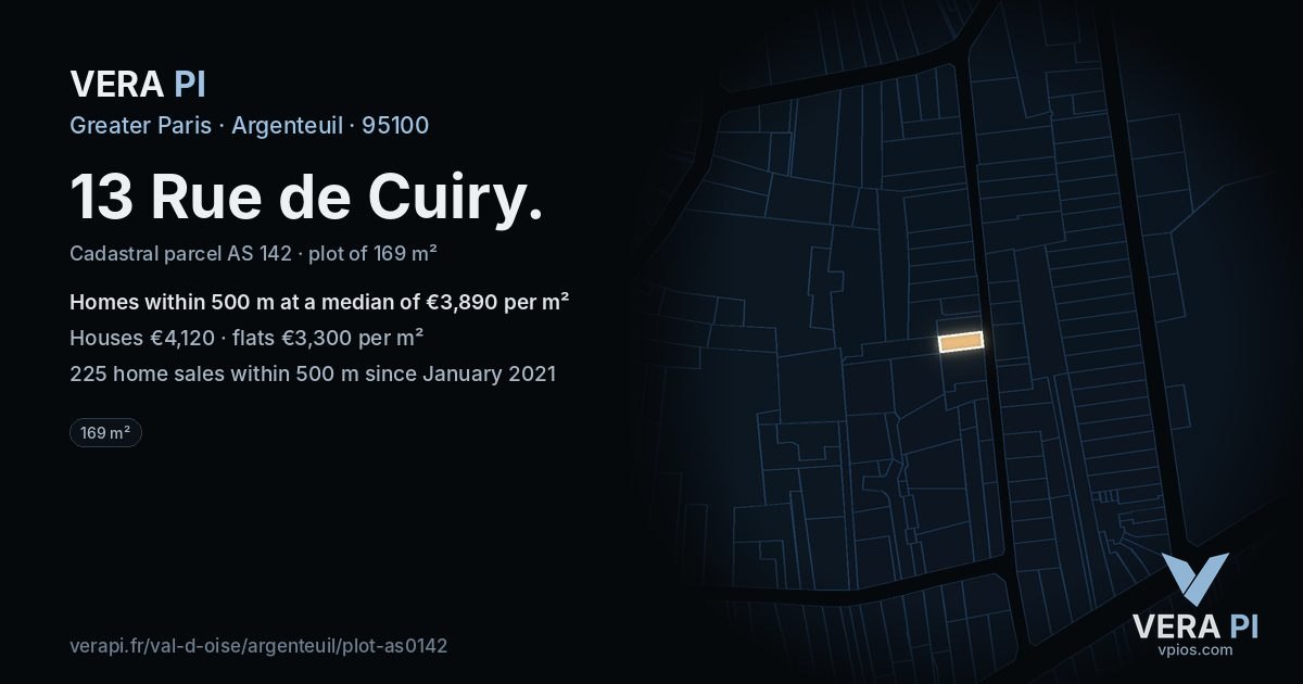 13 Rue de Cuiry, Argenteuil at night – the plot lit, the parcels around coloured by the prices near them