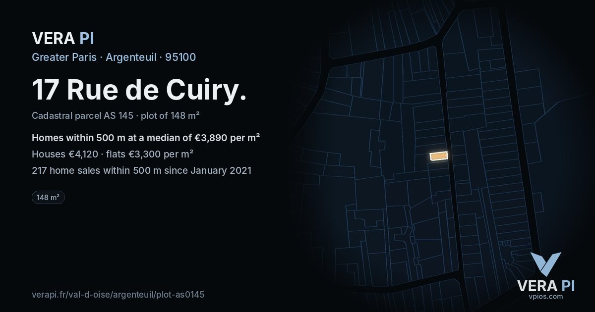 17 Rue de Cuiry, Argenteuil at night – the plot lit, the parcels around coloured by the prices near them